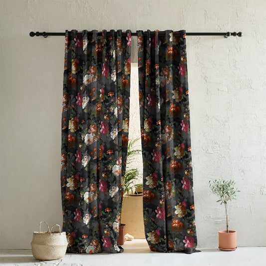 Dark Romance Floral Jade Black Heavy Satin Room Darkening Curtains Set Of 2 - (DS473D)