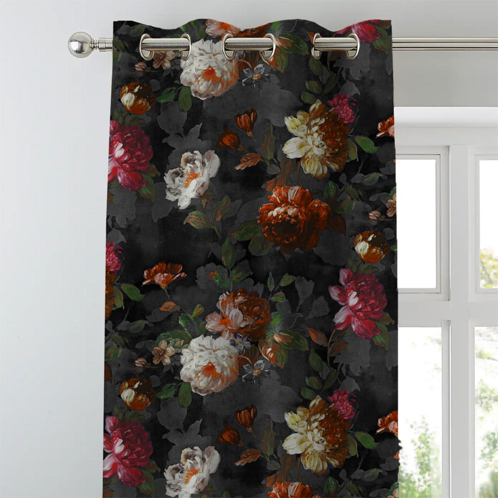 Dark Romance Floral Jade Black Heavy Satin Room Darkening Curtains Set Of 2 - (DS473D)