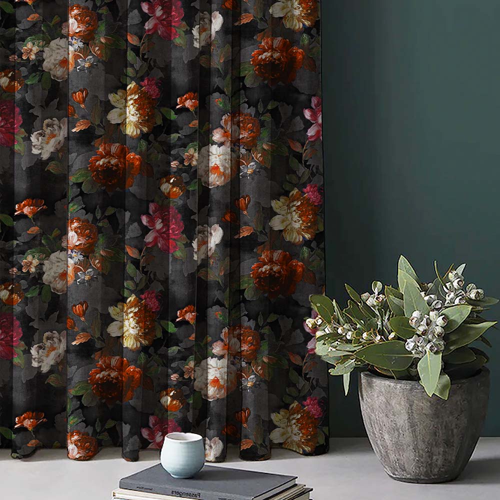 Dark Romance Floral Jade Black Heavy Satin Room Darkening Curtains Set Of 2 - (DS473D)