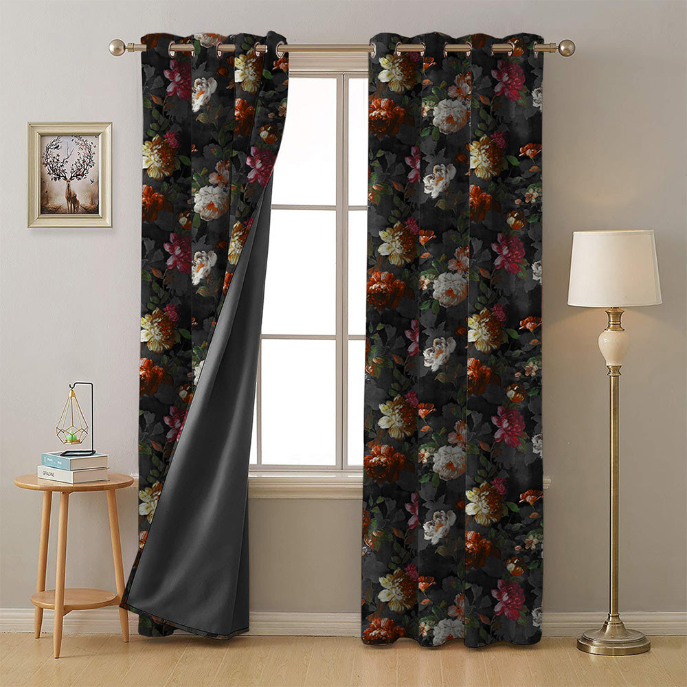 Dark Romance Floral Jade Black Heavy Satin Room Darkening Curtains Set Of 2 - (DS473D)