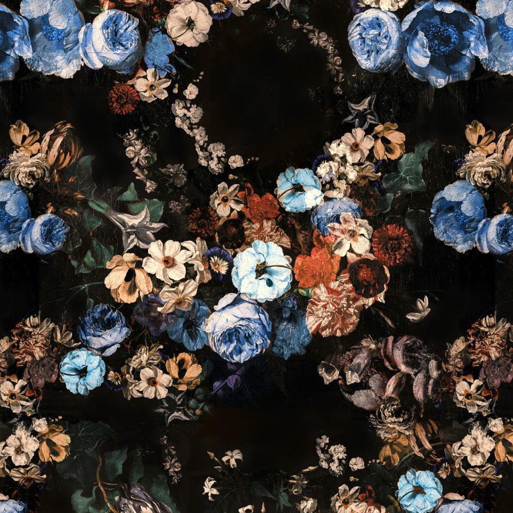 Noir Blossom Floral Sky Blue Heavy Satin Room Darkening Curtains Set Of 2 - (DS474A)