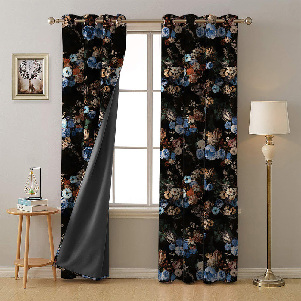 Noir Blossom Floral Sky Blue Heavy Satin Room Darkening Curtains Set Of 2 - (DS474A)