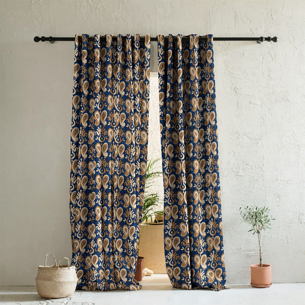 Ikat Indie Denim Blue Heavy Satin Room Darkening Curtains Set Of 2 - (DS478A)