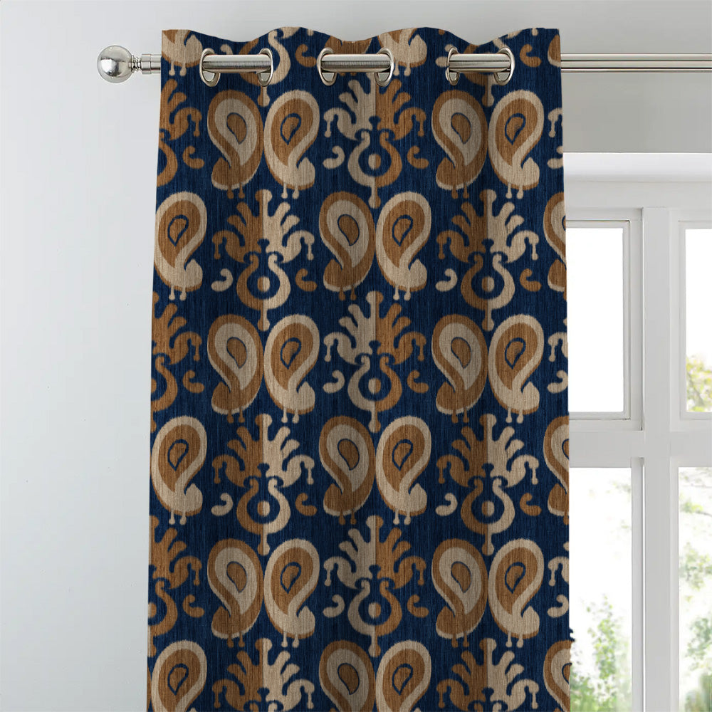 Ikat Indie Denim Blue Heavy Satin Room Darkening Curtains Set Of 2 - (DS478A)
