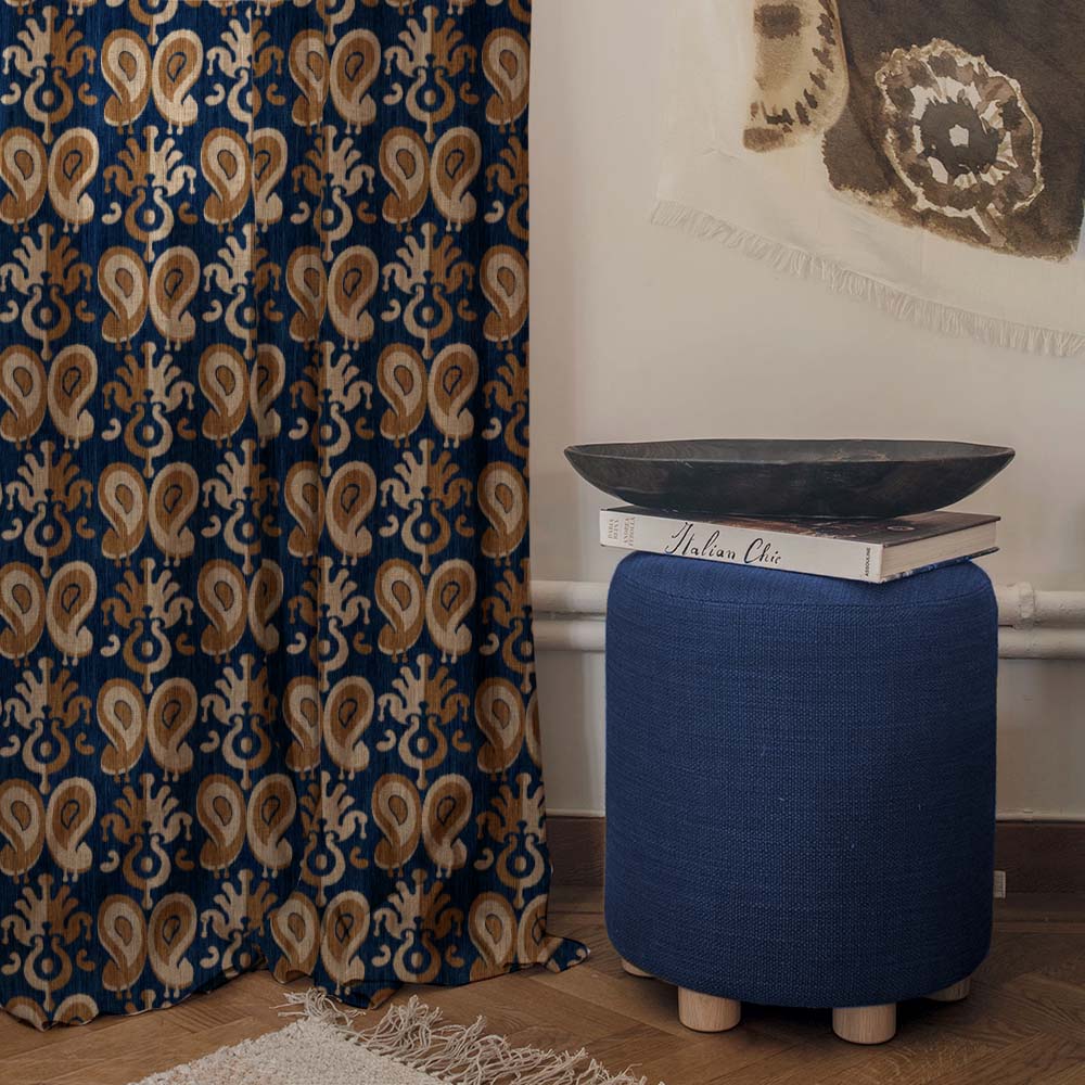 Ikat Indie Denim Blue Heavy Satin Room Darkening Curtains Set Of 2 - (DS478A)