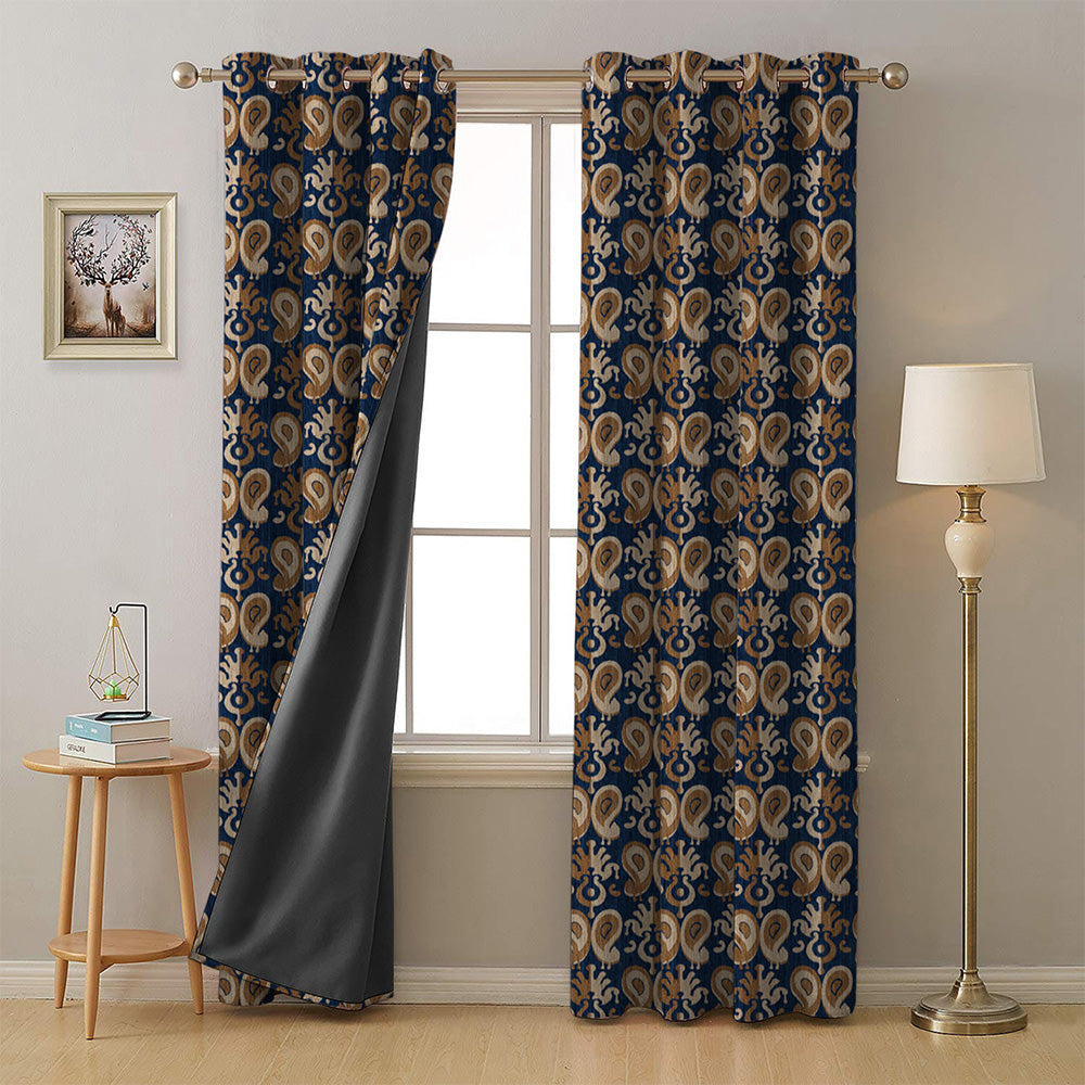Ikat Indie Denim Blue Heavy Satin Room Darkening Curtains Set Of 2 - (DS478A)