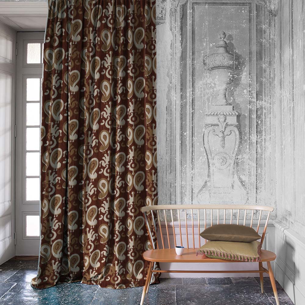 Ikat Indie Walnut Brown Heavy Satin Room Darkening Curtains Set Of 2 - (DS478C)