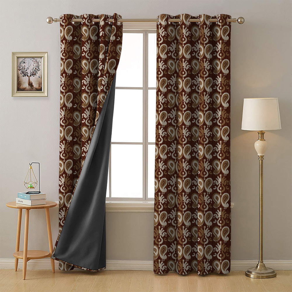 Ikat Indie Walnut Brown Heavy Satin Room Darkening Curtains Set Of 2 - (DS478C)