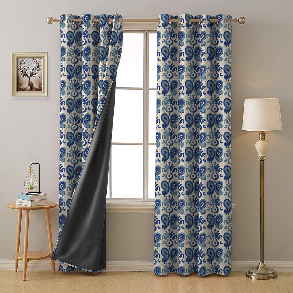 Ikat Indie OffWhite Heavy Satin Room Darkening Curtains Set Of 2 - (DS478D)