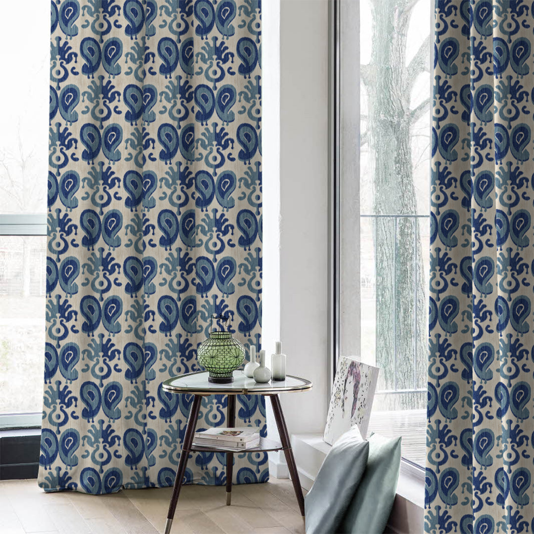 Ikat Indie OffWhite Heavy Satin Room Darkening Curtains Set Of 2 - (DS478D)