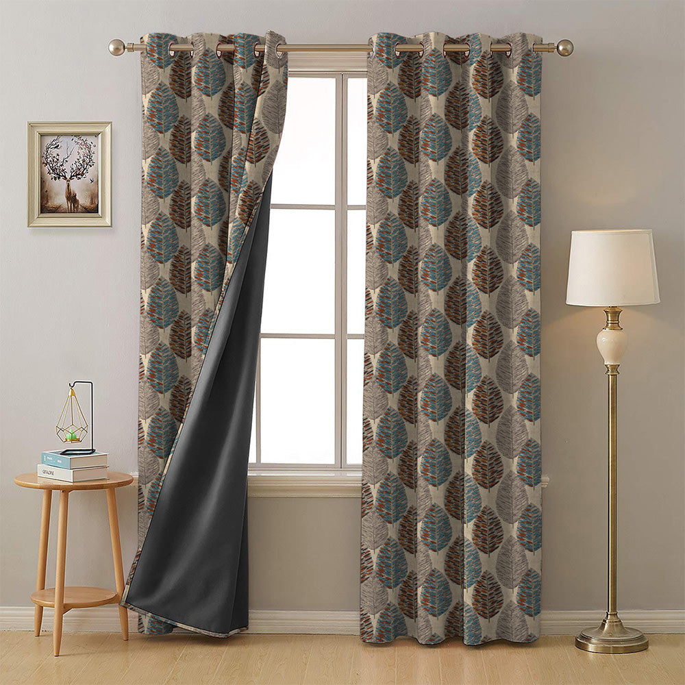 Evergreen Delight Floral Wood Brown Heavy Satin Room Darkening Curtains Set Of 2 - (DS480A)