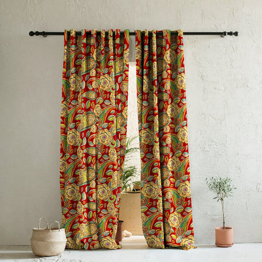 Urban Blooms Floral Bright Red Heavy Satin Room Darkening Curtains Set Of 2 - (DS485B)