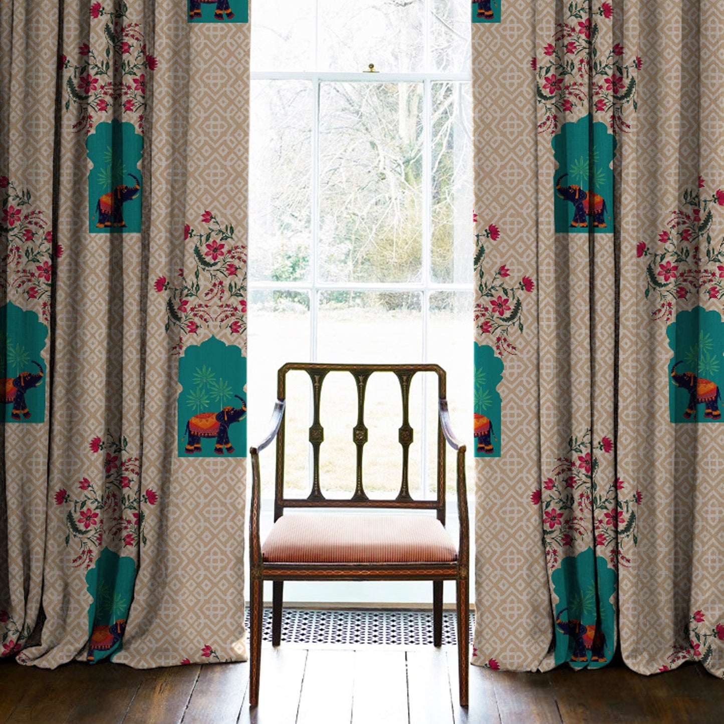 Elegent Indie Print Matt Finish Room Darkening Curtain Set of 2 MTDS489B