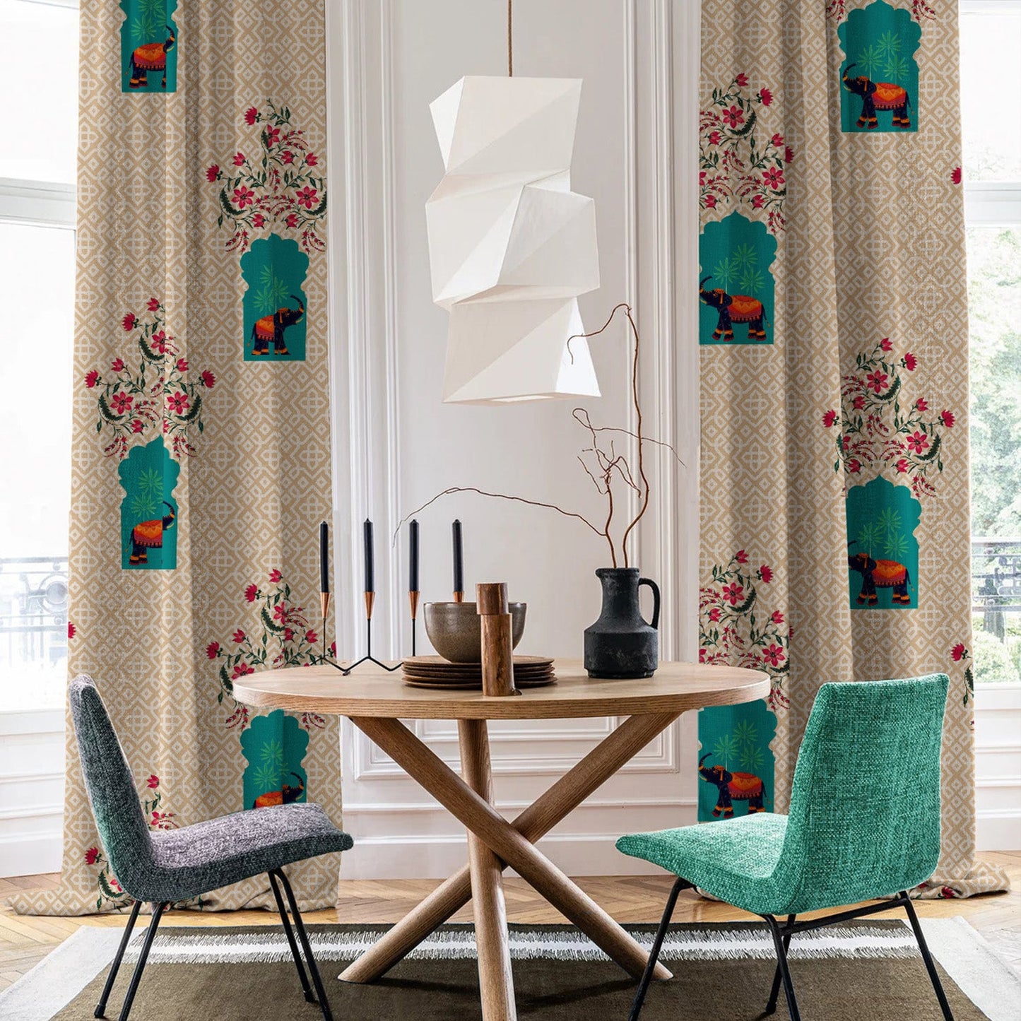 Elegent Indie Print Matt Finish Room Darkening Curtain Set of 2 MTDS489B