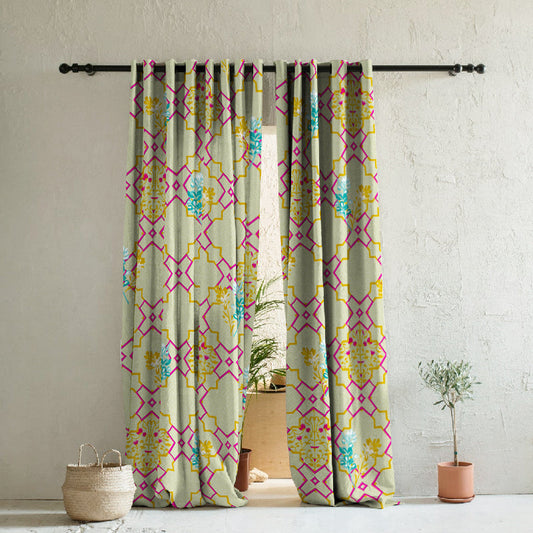 Mughal Garden Indie Flamingo Pink Heavy Satin Room Darkening Curtains Set Of 2 - (DS492A)