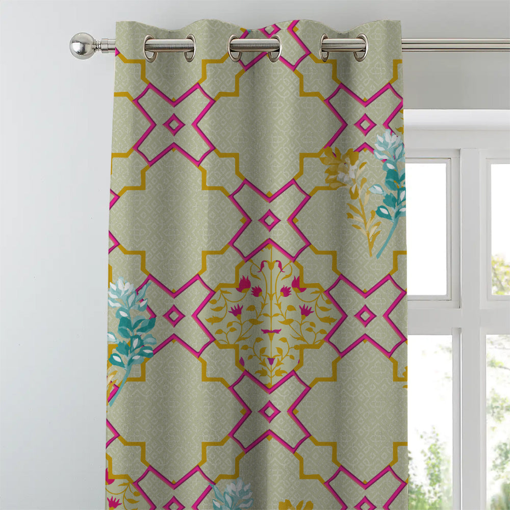 Mughal Garden Indie Flamingo Pink Heavy Satin Room Darkening Curtains Set Of 2 - (DS492A)