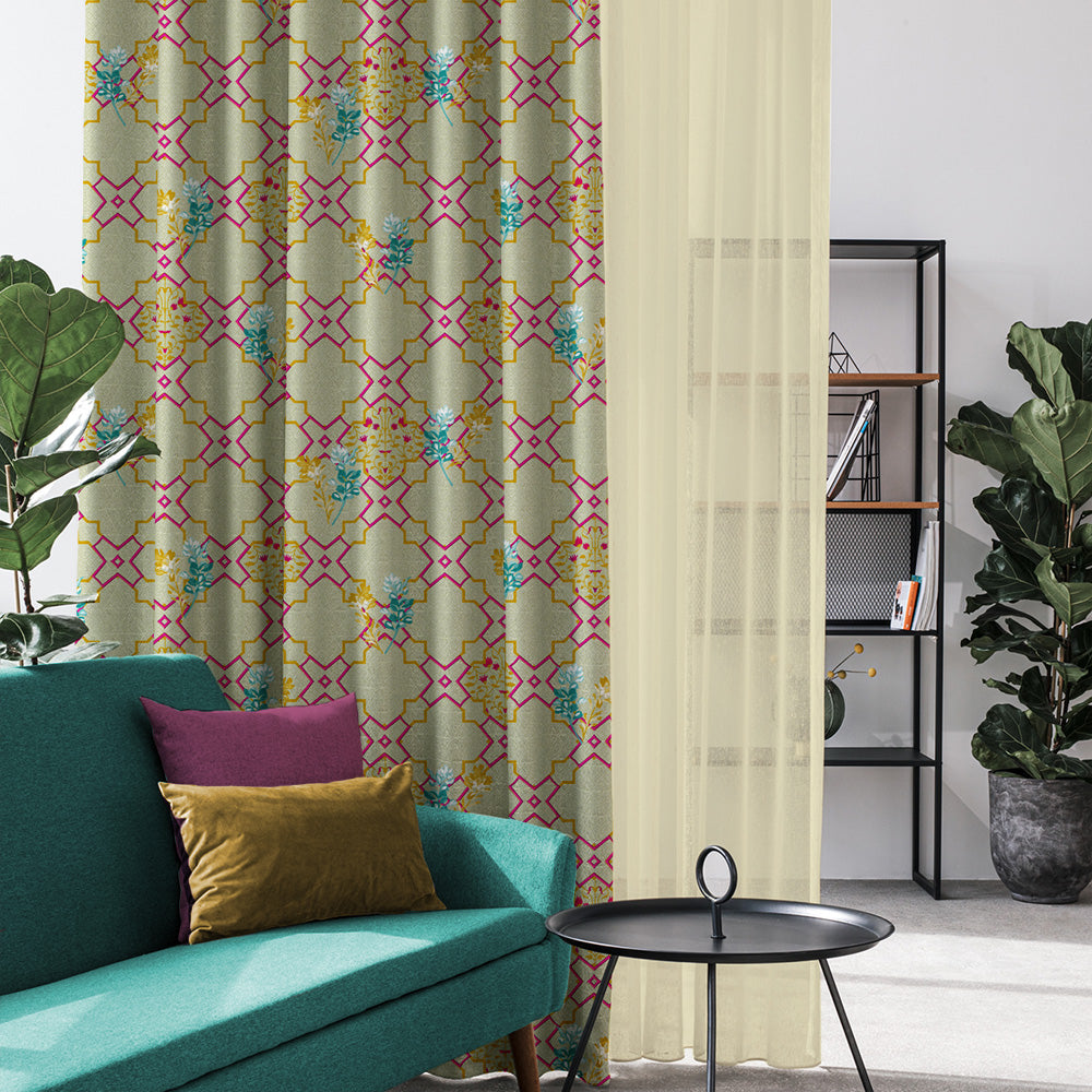 Mughal Garden Indie Flamingo Pink Heavy Satin Room Darkening Curtains Set Of 2 - (DS492A)