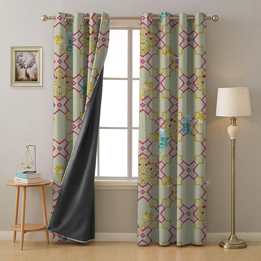 Mughal Garden Indie Flamingo Pink Heavy Satin Room Darkening Curtains Set Of 2 - (DS492A)