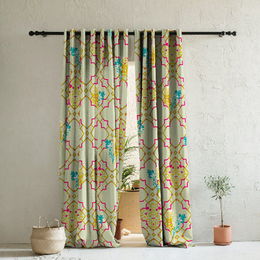 Mughal Garden Indie Sand Yellow Heavy Satin Room Darkening Curtains Set Of 2 - (DS492C)