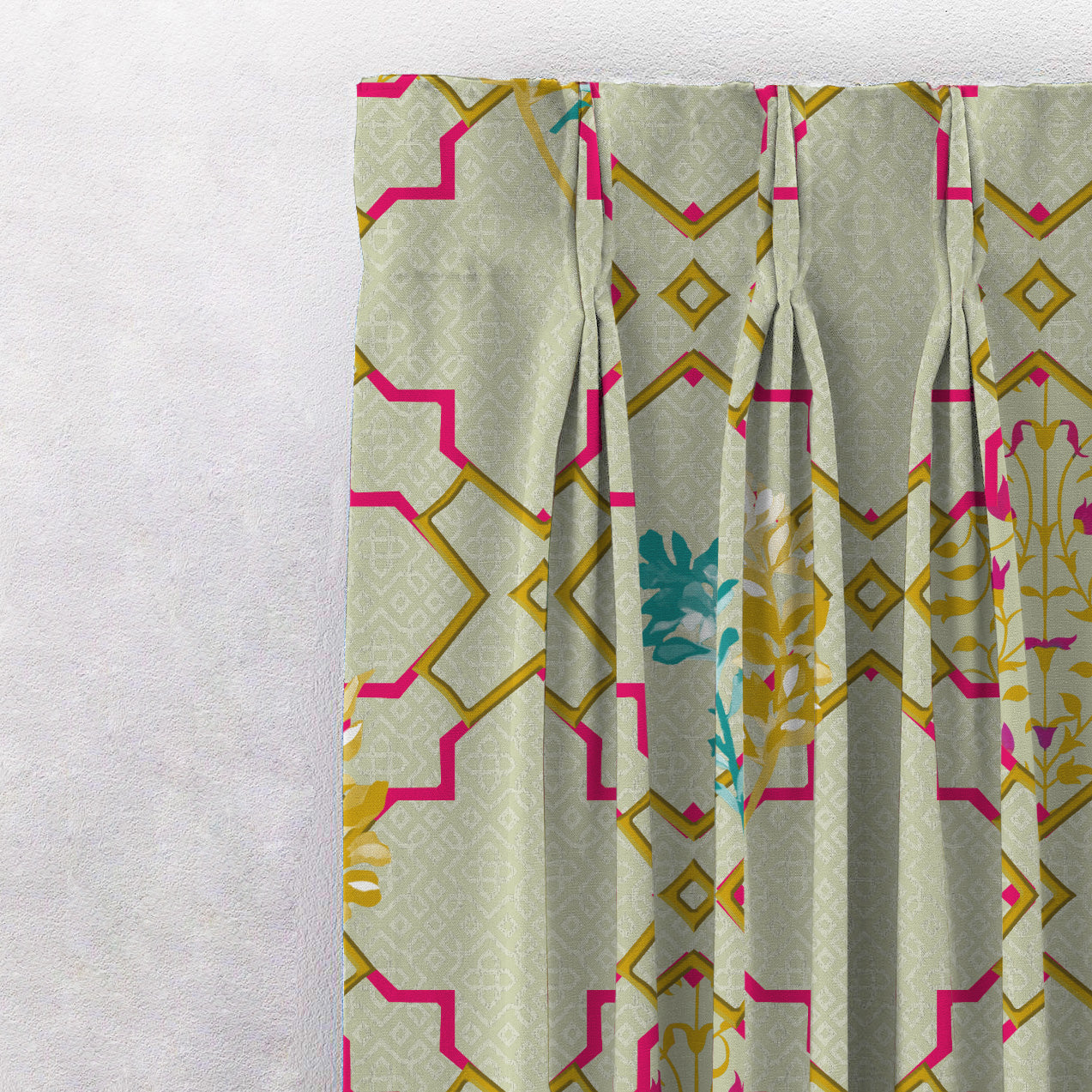 Mughal Garden Indie Sand Yellow Heavy Satin Room Darkening Curtains Set Of 2 - (DS492C)