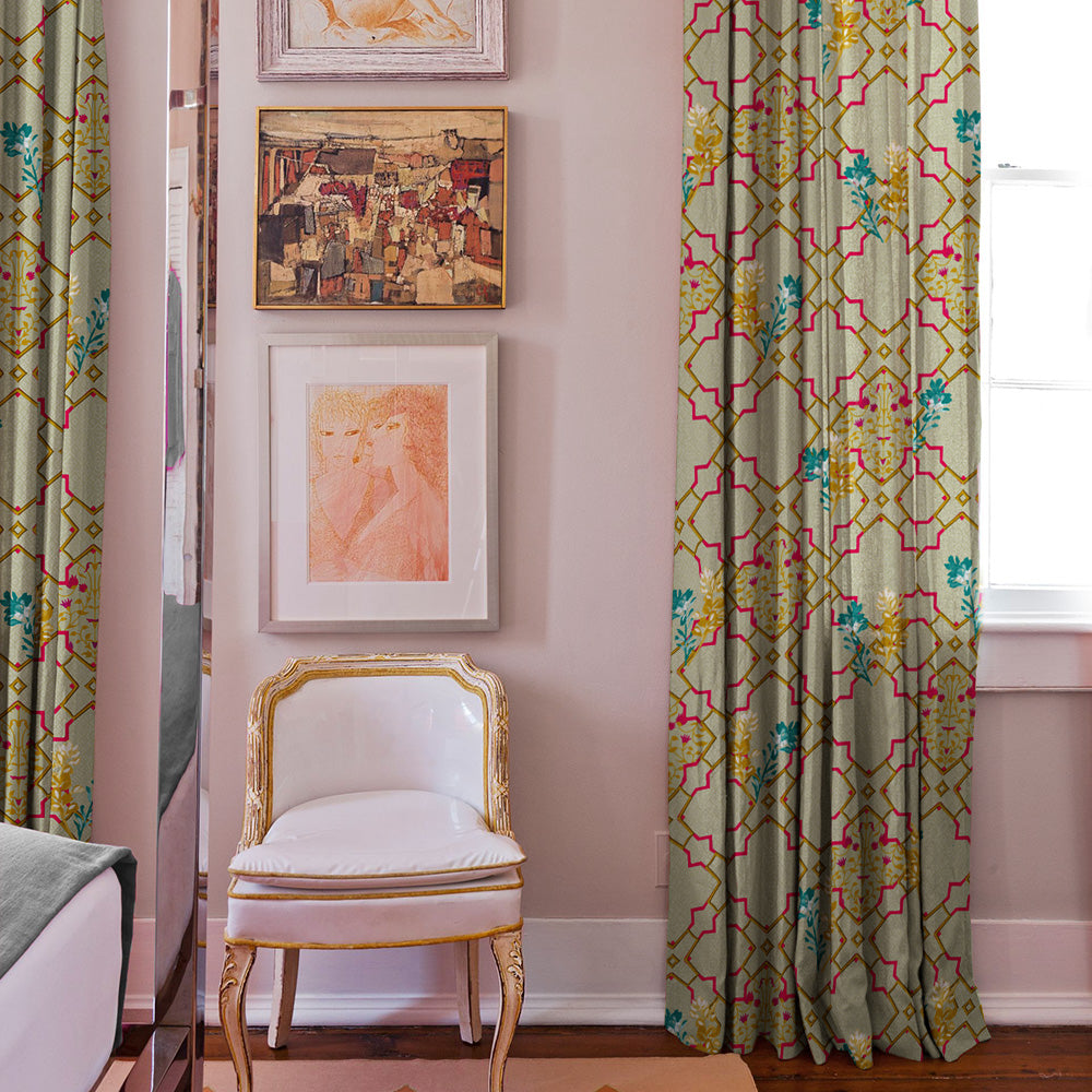 Mughal Garden Indie Sand Yellow Heavy Satin Room Darkening Curtains Set Of 2 - (DS492C)