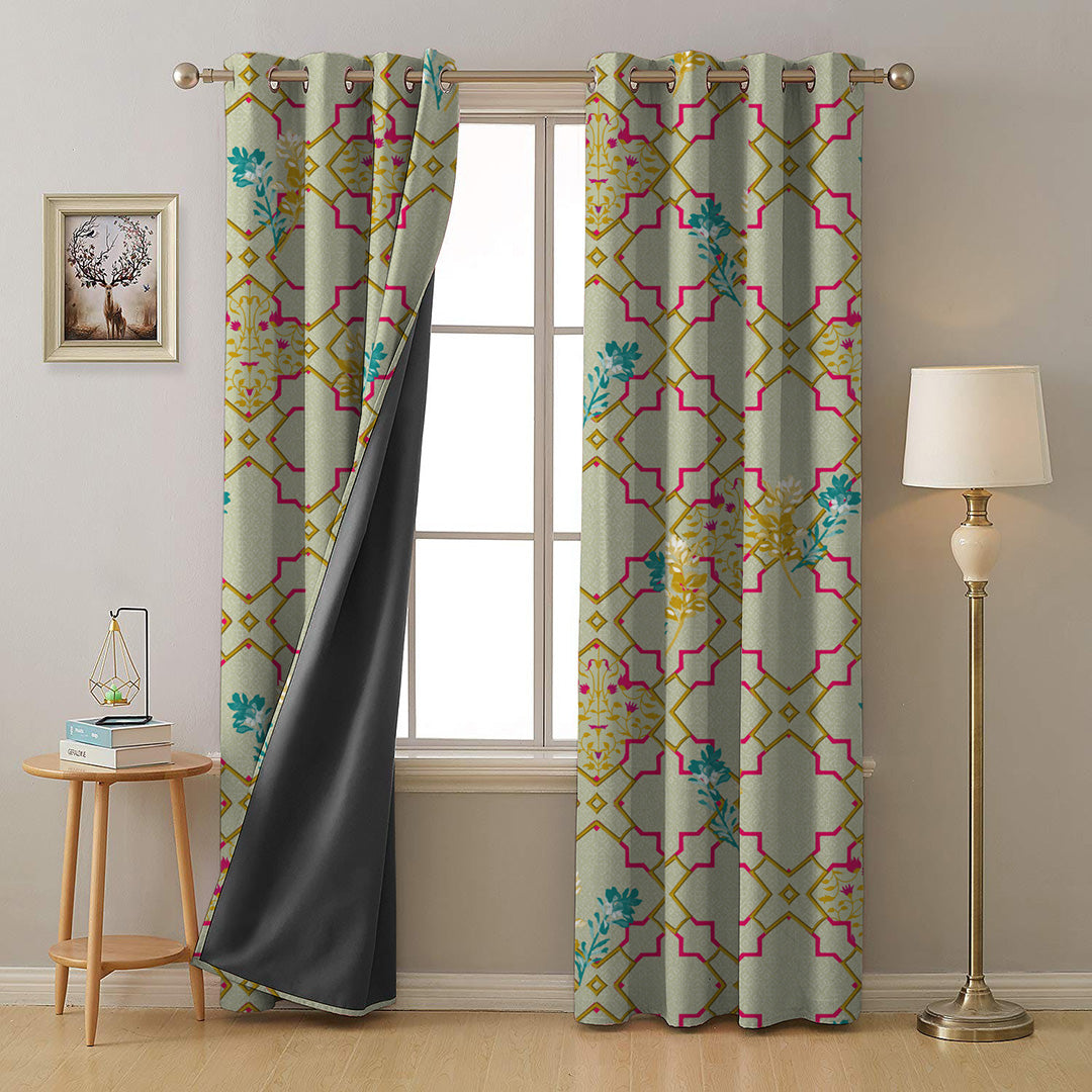Mughal Garden Indie Sand Yellow Heavy Satin Room Darkening Curtains Set Of 2 - (DS492C)