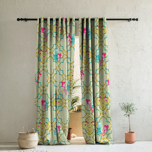 Mughal Garden Indie Turquoise Heavy Satin Room Darkening Curtains Set Of 2 - (DS492D)