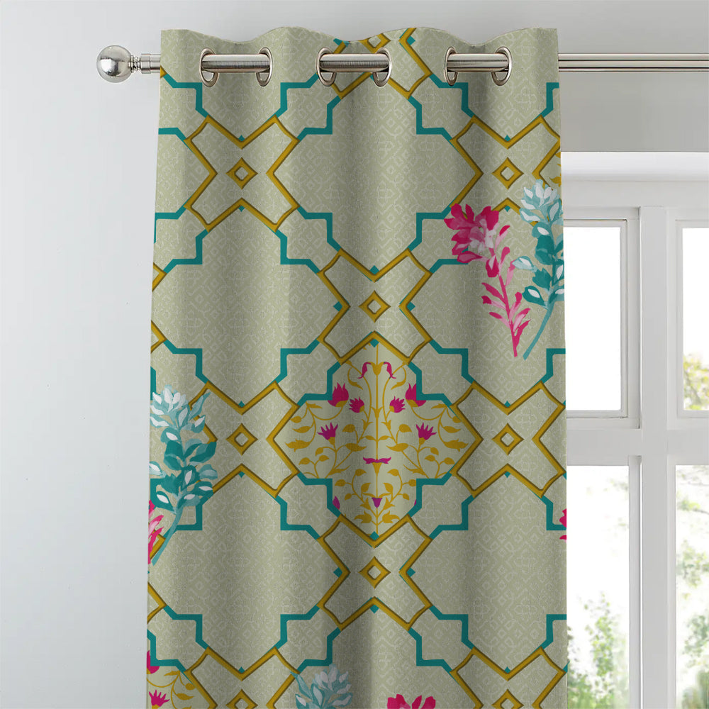 Mughal Garden Indie Turquoise Heavy Satin Room Darkening Curtains Set Of 2 - (DS492D)