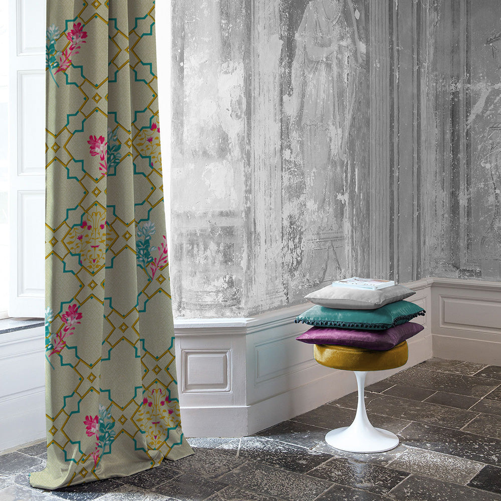 Mughal Garden Indie Turquoise Heavy Satin Room Darkening Curtains Set Of 2 - (DS492D)