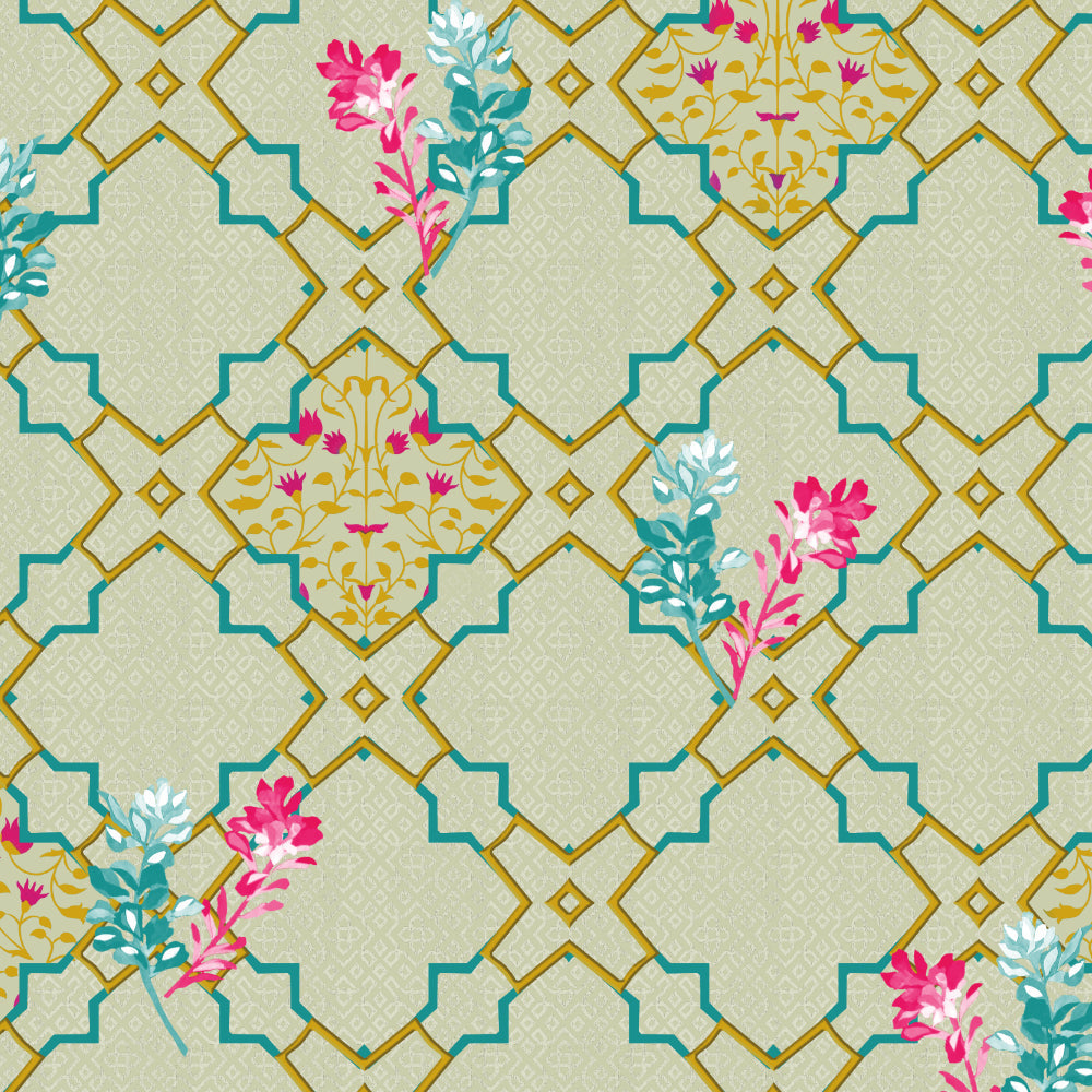 Mughal Garden Indie Turquoise Heavy Satin Room Darkening Curtains Set Of 2 - (DS492D)