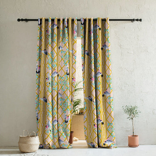 Avian Lotus Indie Mustard Yellow Heavy Satin Room Darkening Curtains Set Of 2 - (DS493B)