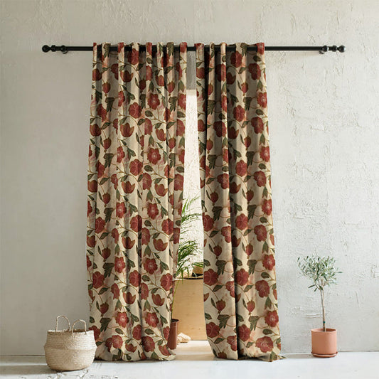 Botanic Blooms Floral Maroon Heavy Satin Room Darkening Curtains Set Of 2 - (DS494B)