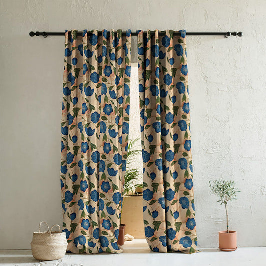 Botanic Blooms Floral Oxford Blue Heavy Satin Room Darkening Curtains Set Of 2 - (DS494C)
