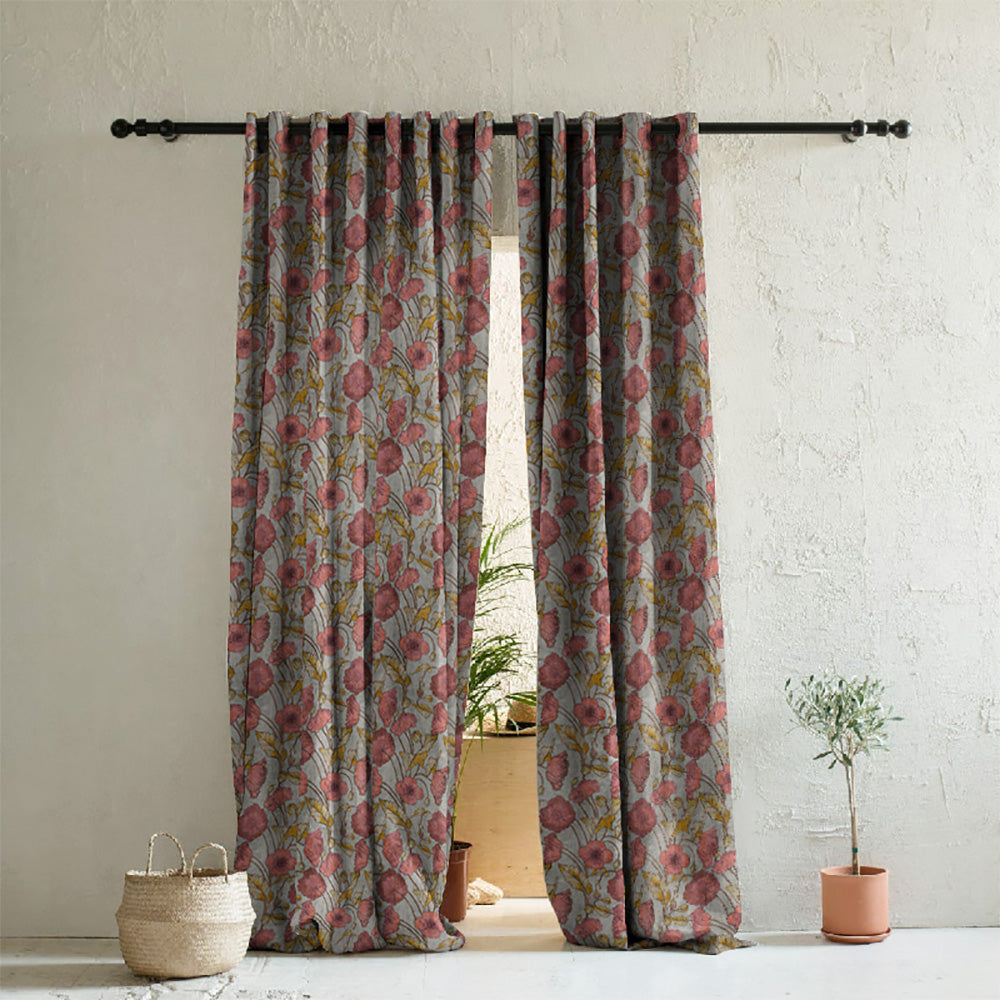 Garden Serenade Floral French Grey Heavy Satin Room Darkening Curtains Set Of 2 - (DS495C)