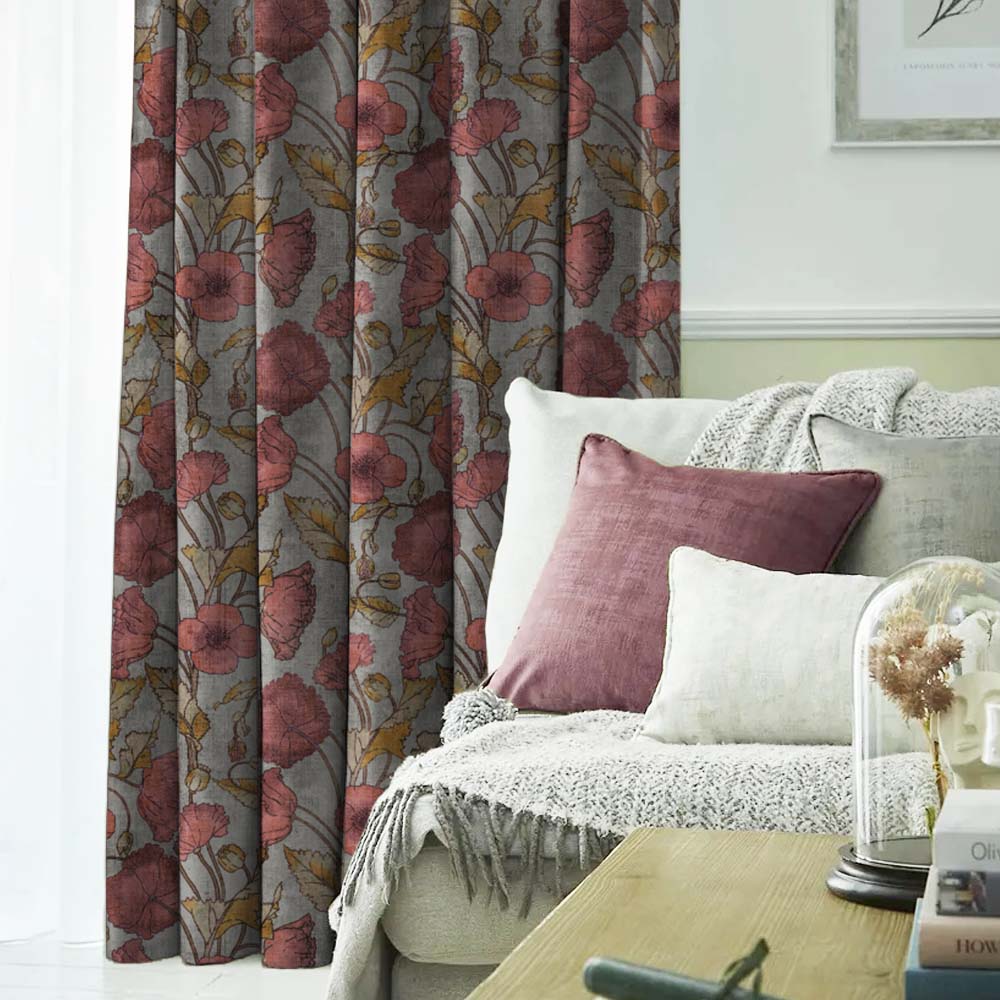 Garden Serenade Floral French Grey Heavy Satin Room Darkening Curtains Set Of 2 - (DS495C)
