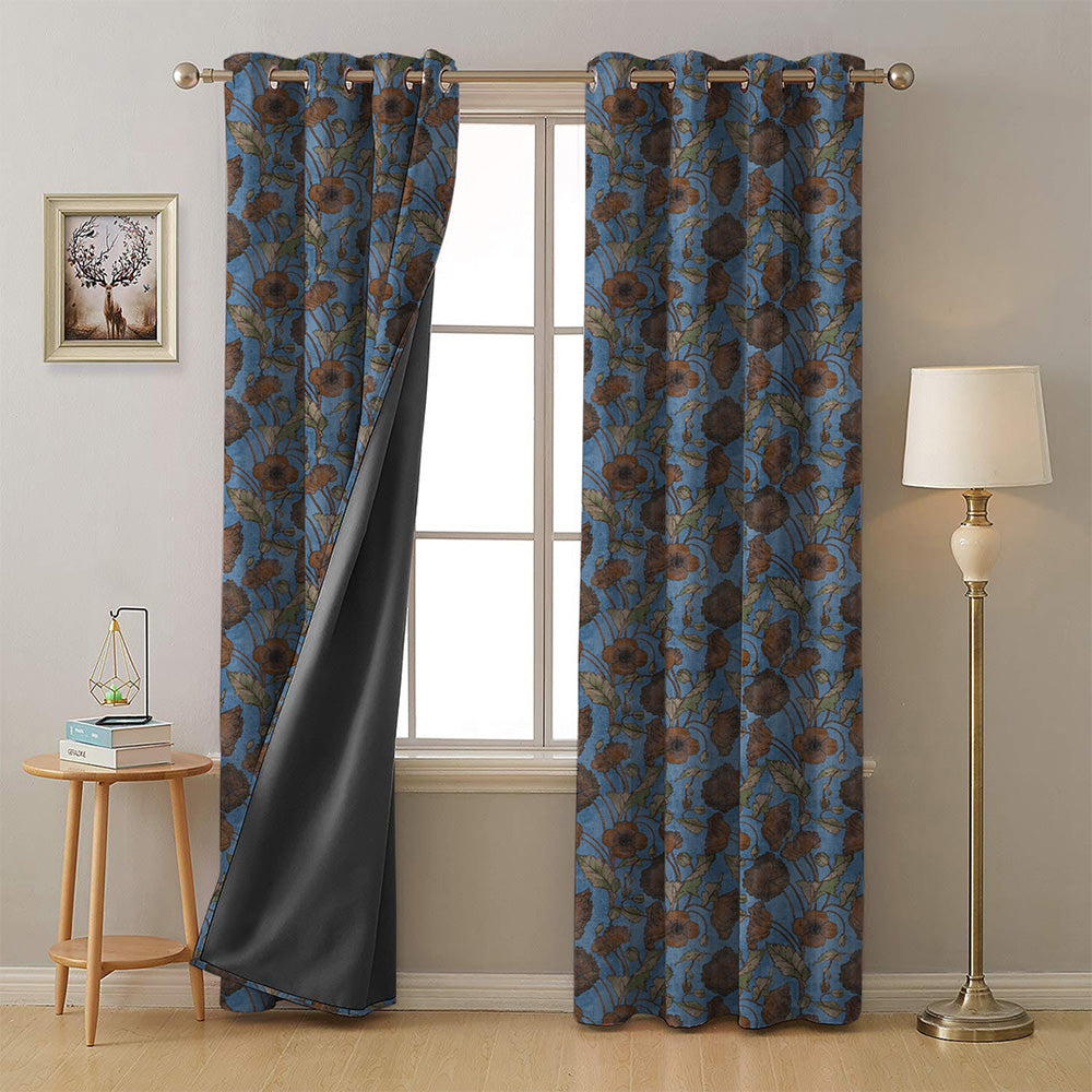 Garden Serenade Floral Oxford Blue Heavy Satin Room Darkening Curtains Set Of 2 - (DS495D)