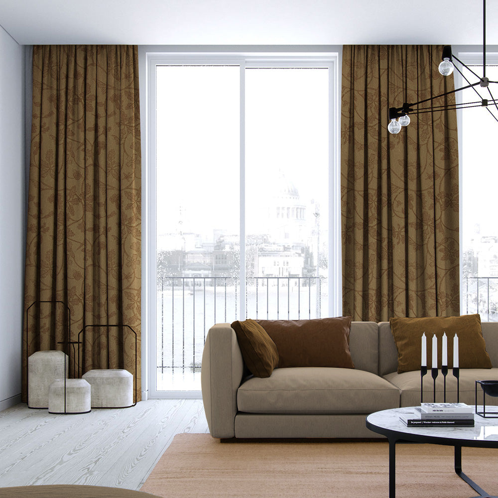 Nouveau Petal Floral Pecan yellow Heavy Satin Room Darkening Curtains Set Of 2 - (DS496A)