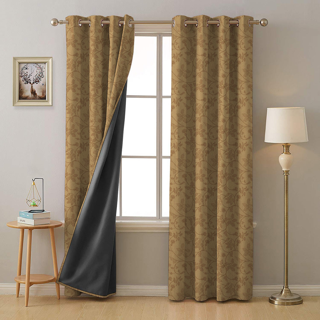 Nouveau Petal Floral Pecan yellow Heavy Satin Room Darkening Curtains Set Of 2 - (DS496A)