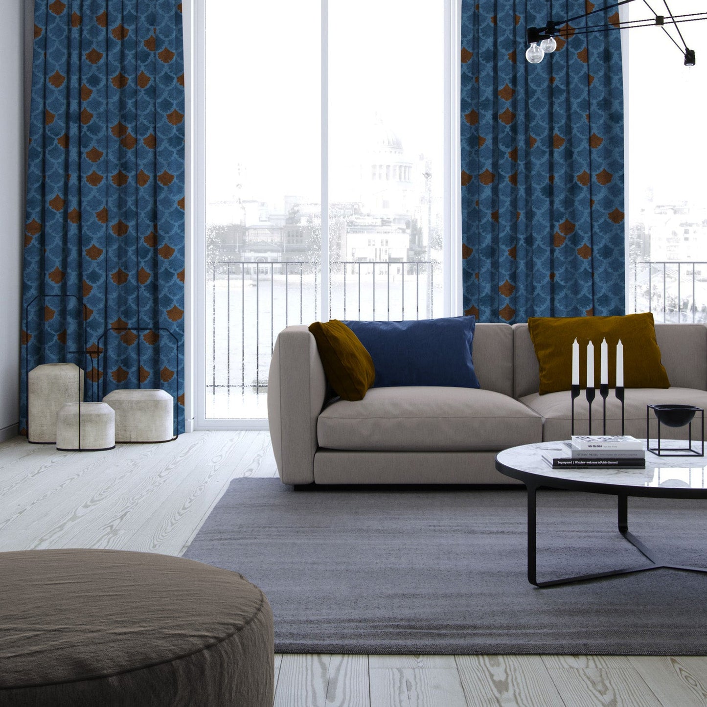 Elegent Geometric Print Matt Finish Room Darkening Curtain Set of 2 MTDS497E