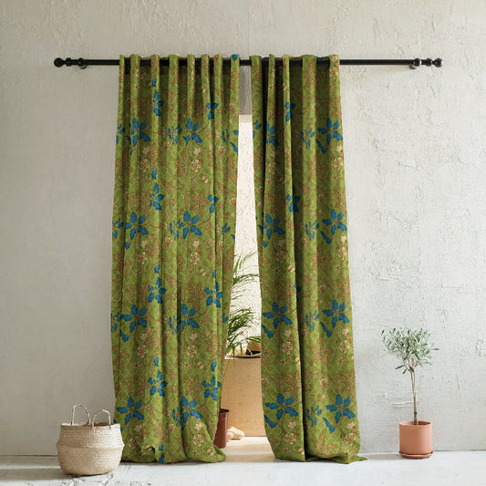 Floral Poetry Floral Olive Green Heavy Satin Room Darkening Curtains Set Of 2 - (DS498A)