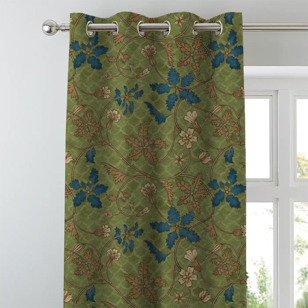 Floral Poetry Floral Olive Green Heavy Satin Room Darkening Curtains Set Of 2 - (DS498A)