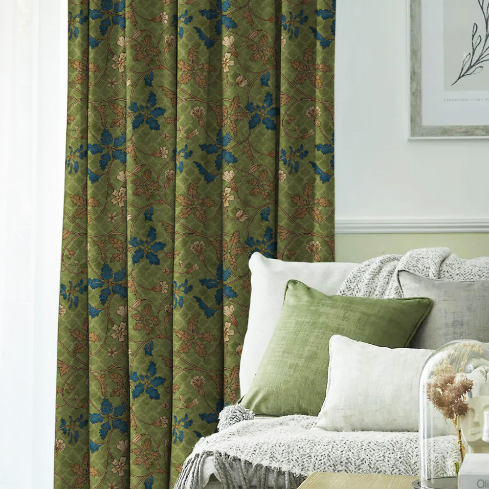 Floral Poetry Floral Olive Green Heavy Satin Room Darkening Curtains Set Of 2 - (DS498A)