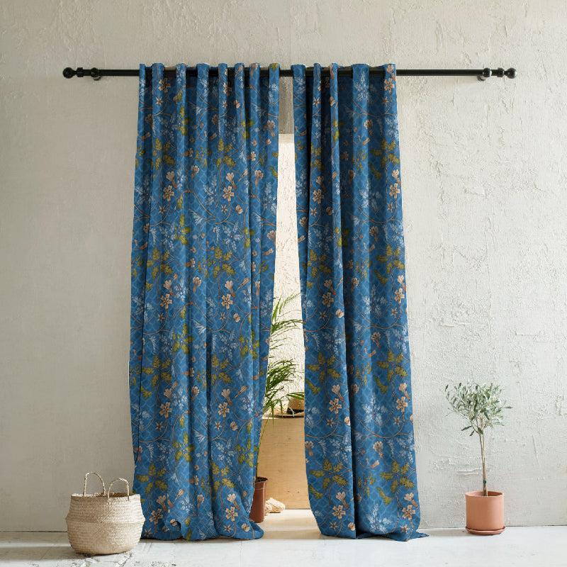 Floral Poetry Floral Oxford Blue Heavy Satin Room Darkening Curtains Set Of 2 - (DS498B)