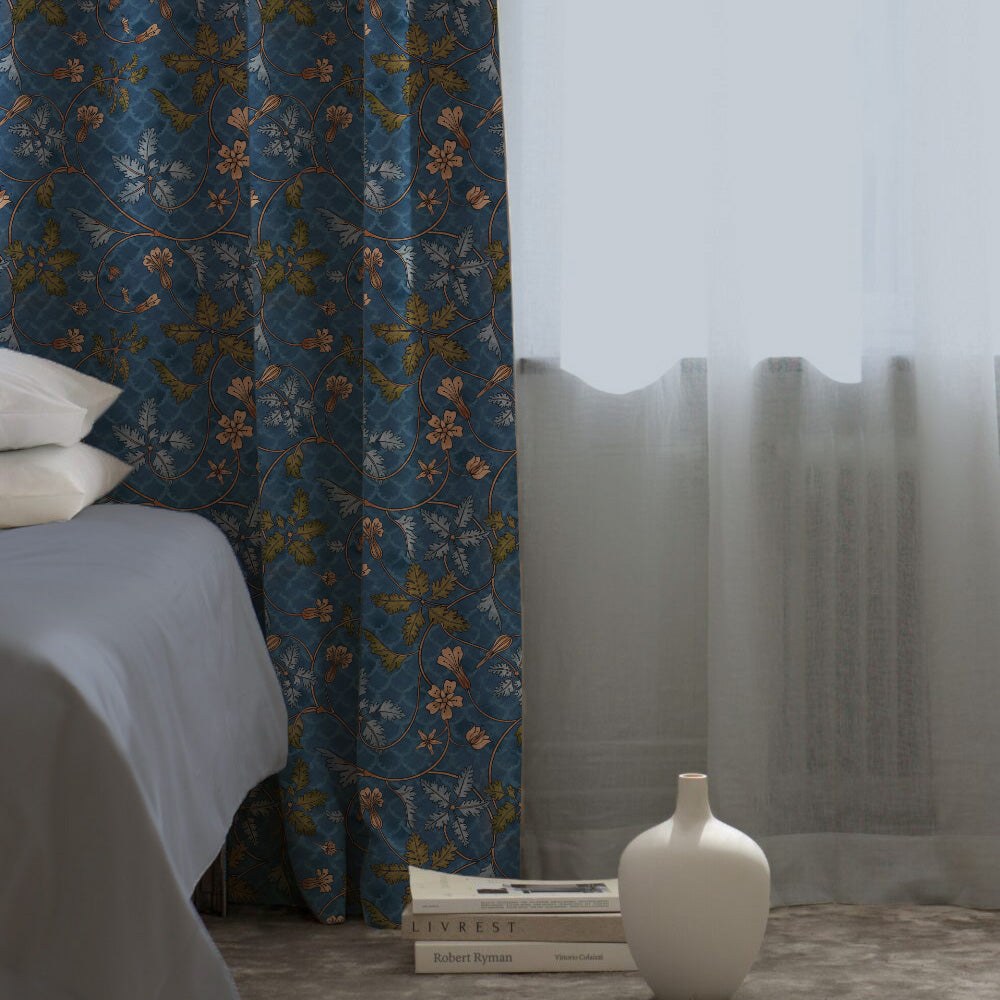 Floral Poetry Floral Oxford Blue Heavy Satin Room Darkening Curtains Set Of 2 - (DS498B)