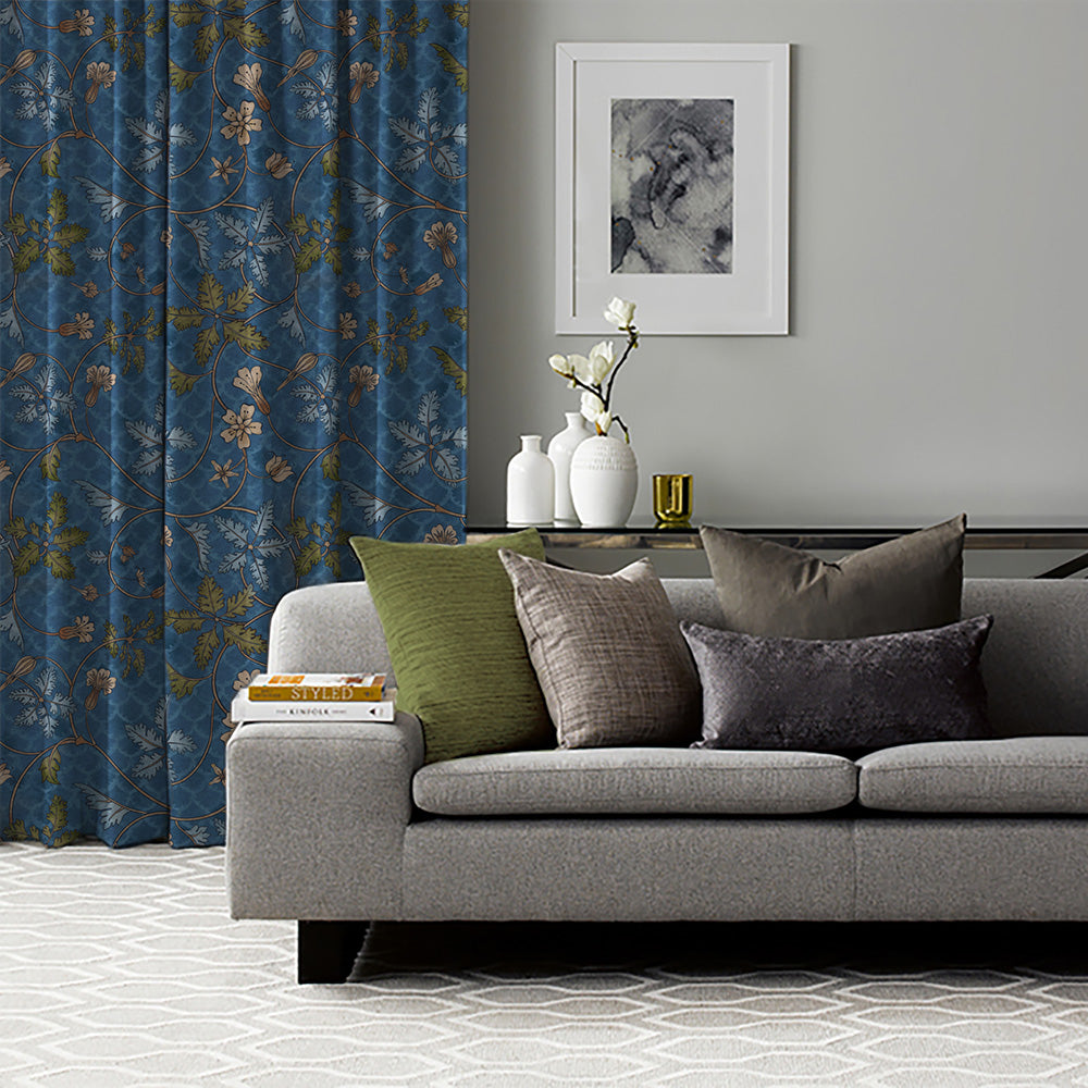 Floral Poetry Floral Oxford Blue Heavy Satin Room Darkening Curtains Set Of 2 - (DS498B)