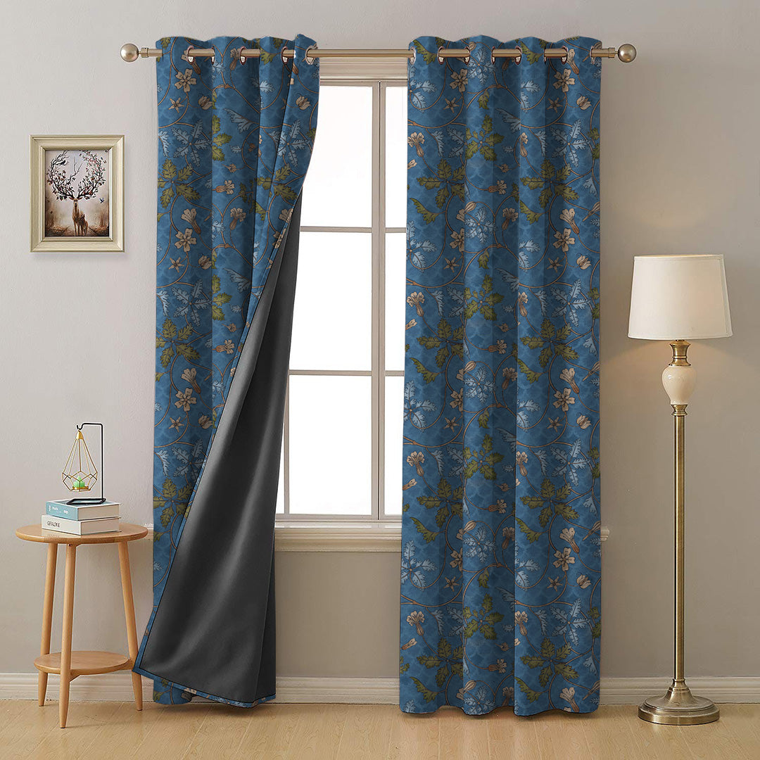 Floral Poetry Floral Oxford Blue Heavy Satin Room Darkening Curtains Set Of 2 - (DS498B)