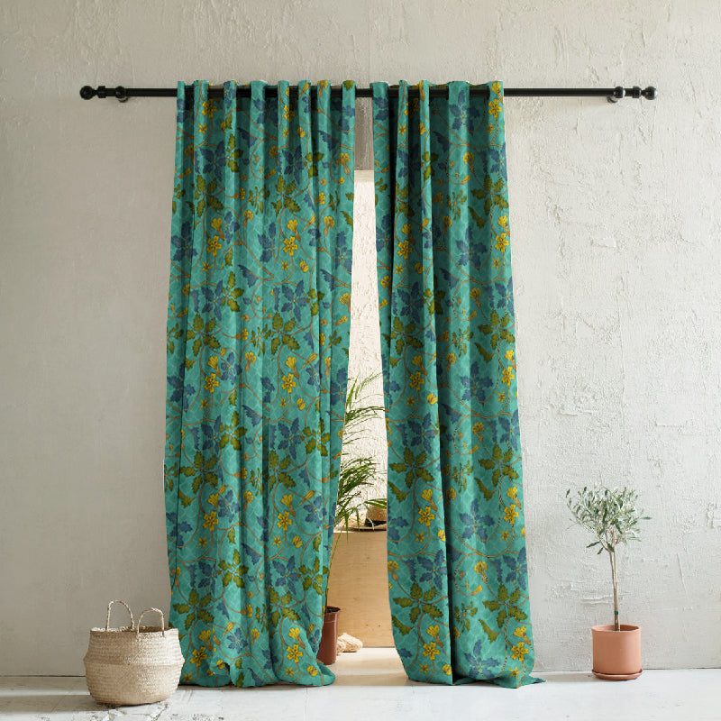 Floral Poetry Floral Turquoise Heavy Satin Room Darkening Curtains Set Of 2 - (DS498C)