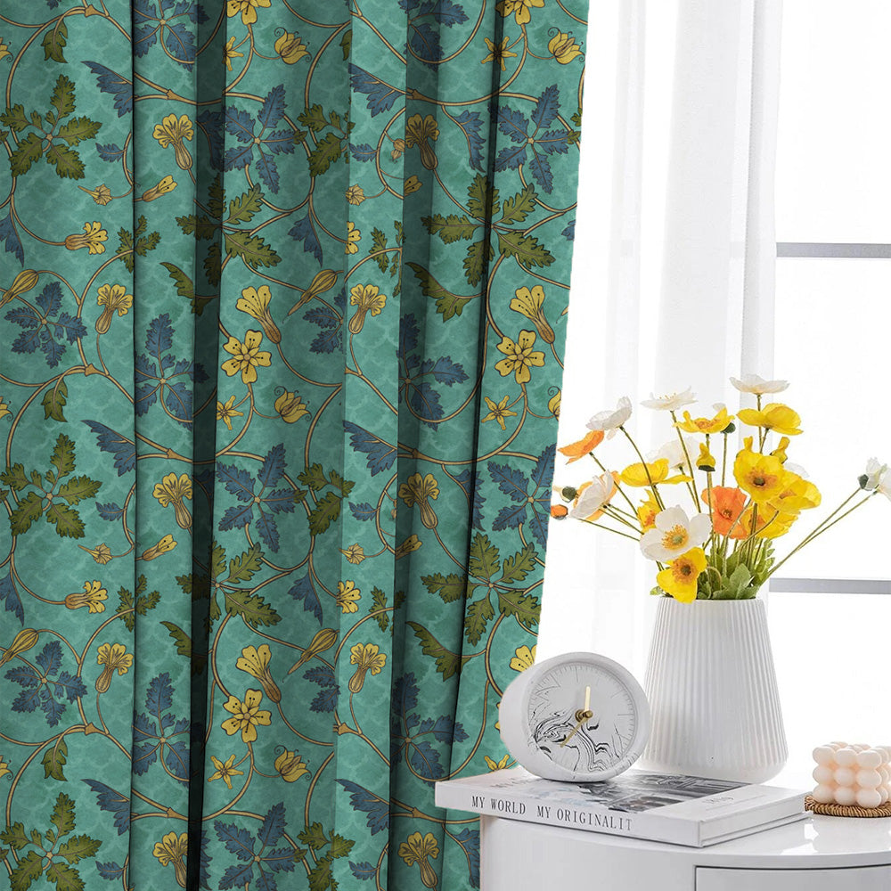Floral Poetry Floral Turquoise Heavy Satin Room Darkening Curtains Set Of 2 - (DS498C)