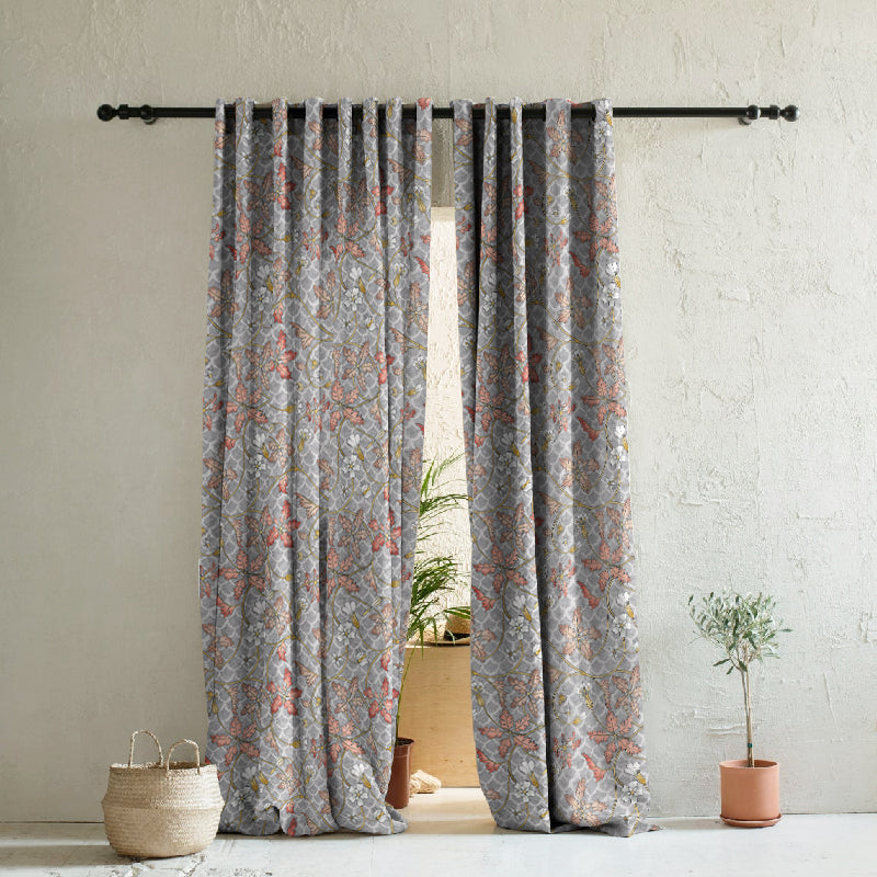 Floral Poetry Floral French Grey Heavy Satin Room Darkening Curtains Set Of 2 - (DS498D)