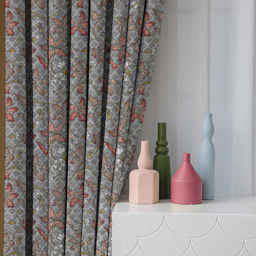 Floral Poetry Floral French Grey Heavy Satin Room Darkening Curtains Set Of 2 - (DS498D)